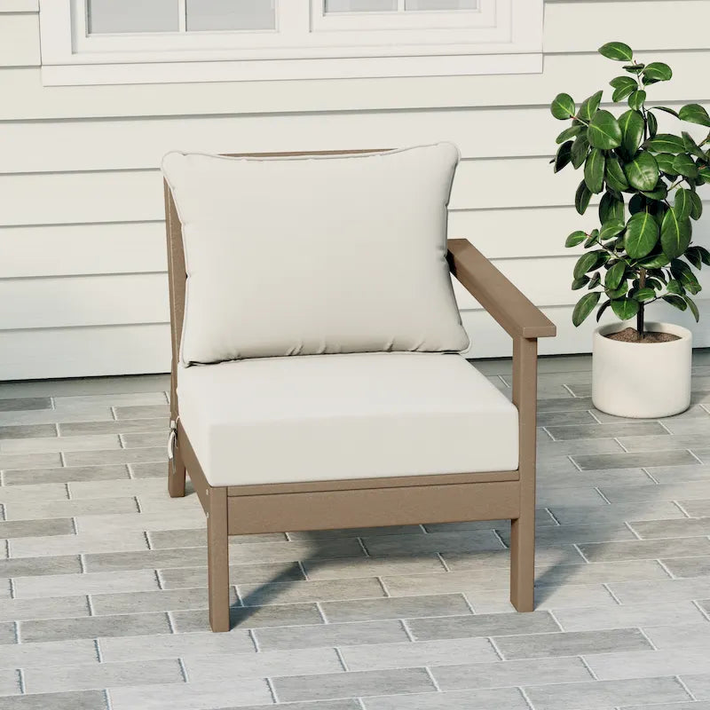 Fauteuil de jardin Polytrends Birchwood All Weather HDPE, assise profonde, aspect bois vieilli, accoudoir droit, avec coussins (1 pièce)