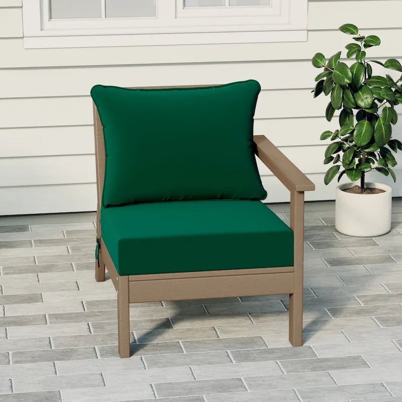 Fauteuil de jardin Polytrends Birchwood All Weather HDPE, assise profonde, aspect bois vieilli, accoudoir droit, avec coussins (1 pièce)