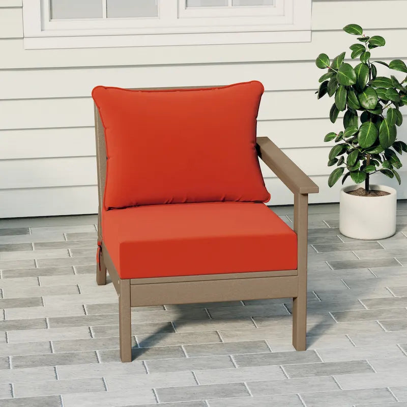 Fauteuil de jardin Polytrends Birchwood All Weather HDPE, assise profonde, aspect bois vieilli, accoudoir droit, avec coussins (1 pièce)