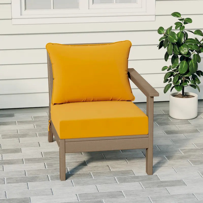 Fauteuil de jardin Polytrends Birchwood All Weather HDPE, assise profonde, aspect bois vieilli, accoudoir droit, avec coussins (1 pièce)