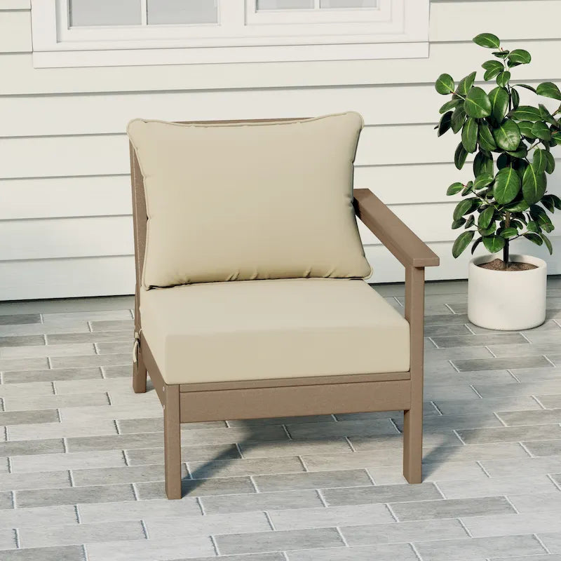 Fauteuil de jardin Polytrends Birchwood All Weather HDPE, assise profonde, aspect bois vieilli, accoudoir droit, avec coussins (1 pièce)