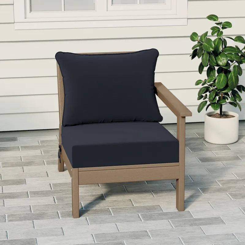 Fauteuil de jardin Polytrends Birchwood All Weather HDPE, assise profonde, aspect bois vieilli, accoudoir droit, avec coussins (1 pièce)