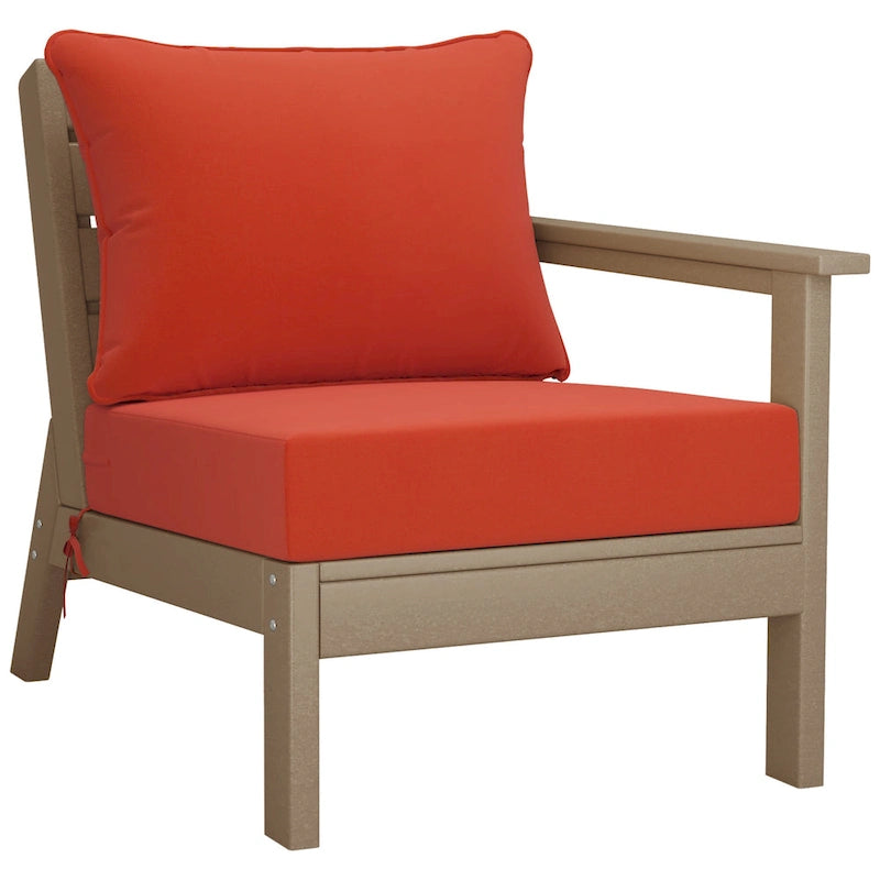 Fauteuil de jardin Polytrends Birchwood All Weather HDPE, assise profonde, aspect bois vieilli, accoudoir droit, avec coussins (1 pièce)