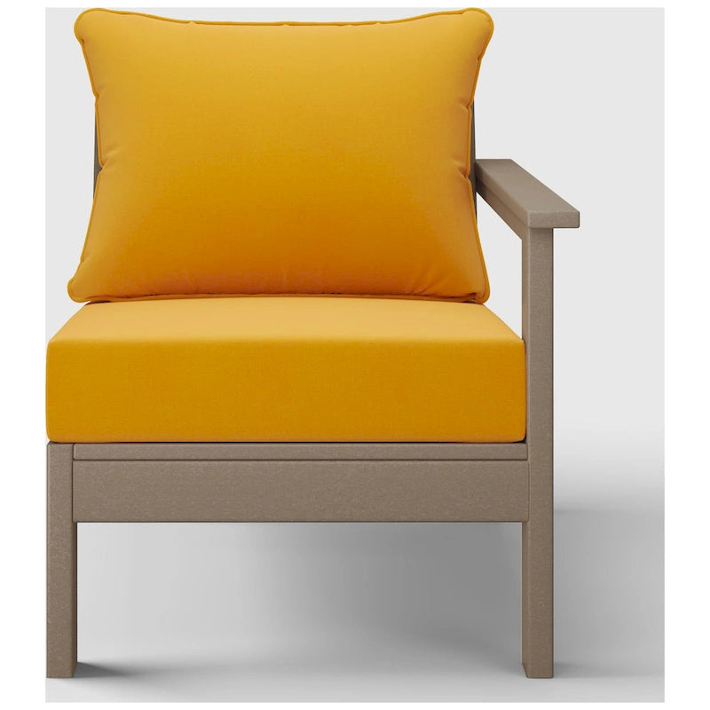 Fauteuil de jardin Polytrends Birchwood All Weather HDPE, assise profonde, aspect bois vieilli, accoudoir droit, avec coussins (1 pièce)
