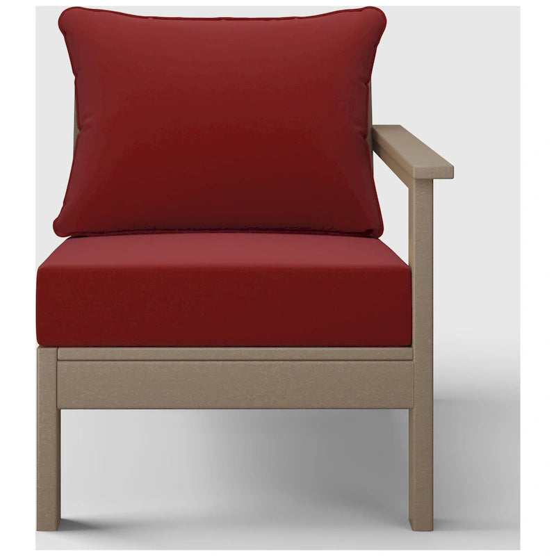 Fauteuil de jardin Polytrends Birchwood All Weather HDPE, assise profonde, aspect bois vieilli, accoudoir droit, avec coussins (1 pièce)