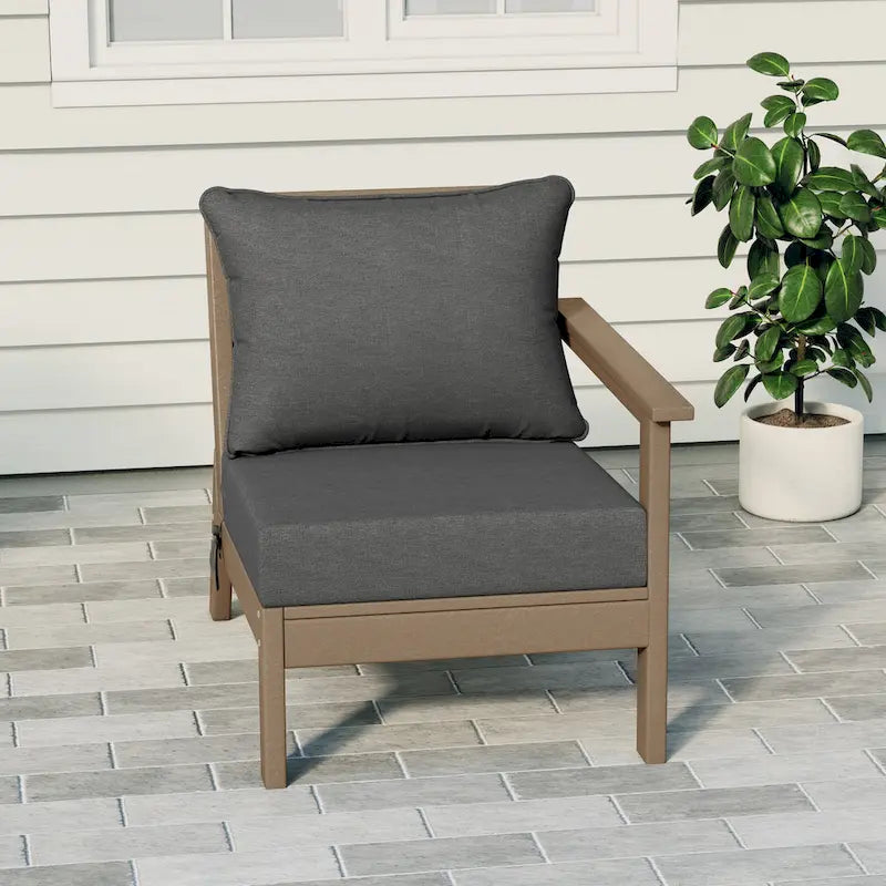 Fauteuil de jardin Polytrends Birchwood All Weather HDPE, assise profonde, aspect bois vieilli, accoudoir droit, avec coussins (1 pièce)