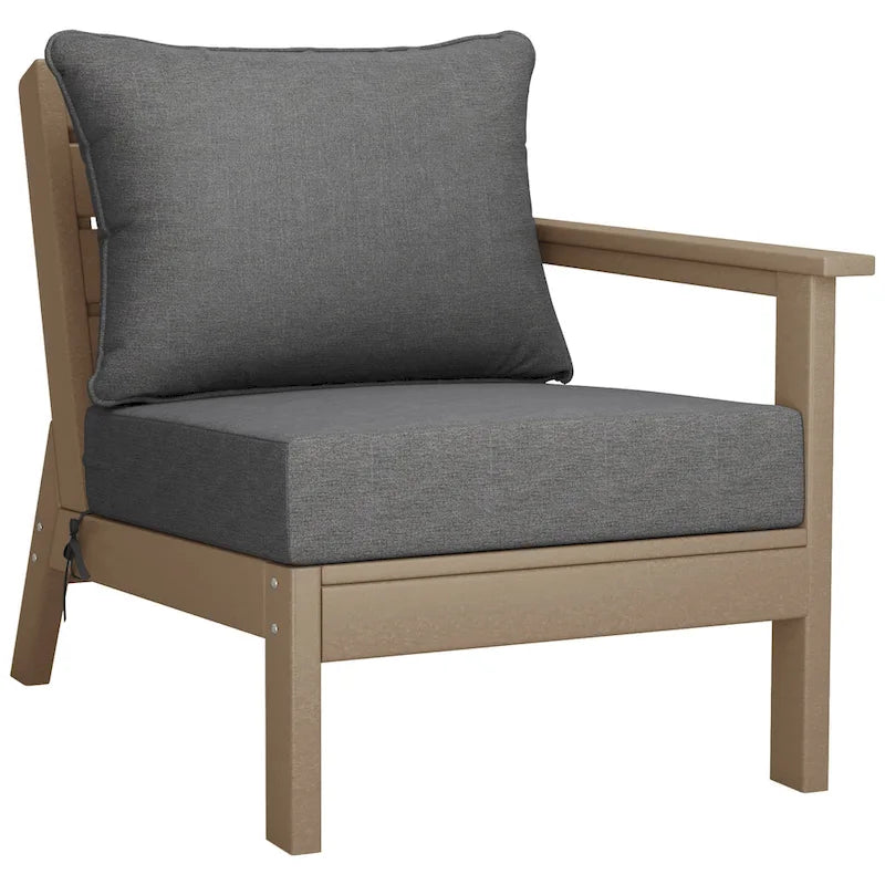 Fauteuil de jardin Polytrends Birchwood All Weather HDPE, assise profonde, aspect bois vieilli, accoudoir droit, avec coussins (1 pièce)