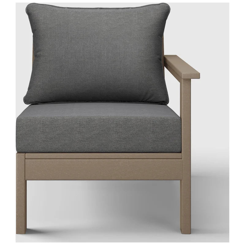 Fauteuil de jardin Polytrends Birchwood All Weather HDPE, assise profonde, aspect bois vieilli, accoudoir droit, avec coussins (1 pièce)