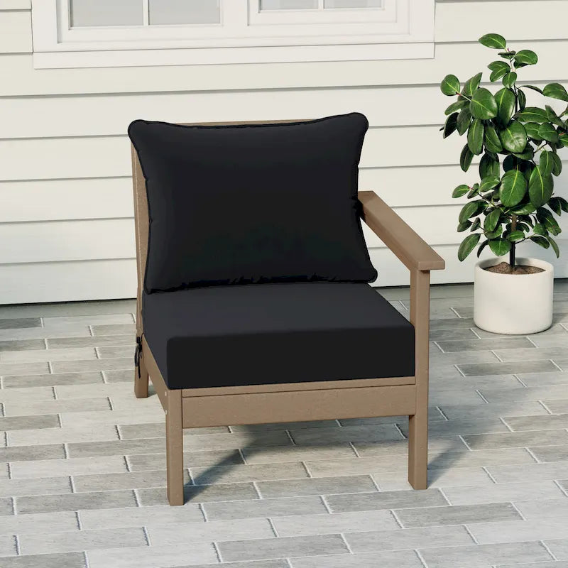 Fauteuil de jardin Polytrends Birchwood All Weather HDPE, assise profonde, aspect bois vieilli, accoudoir droit, avec coussins (1 pièce)
