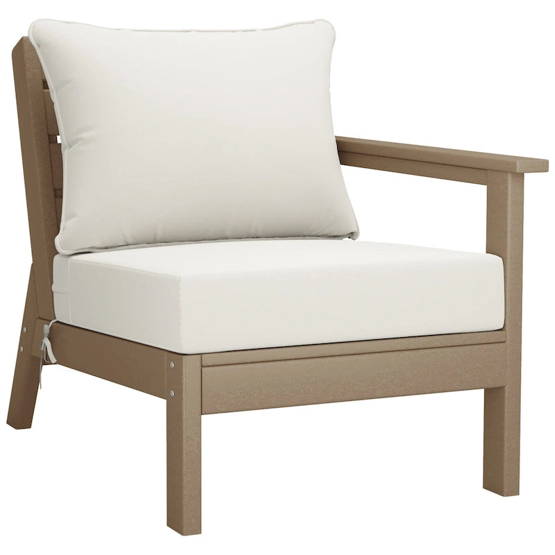 Fauteuil de jardin Polytrends Birchwood All Weather HDPE, assise profonde, aspect bois vieilli, accoudoir droit, avec coussins (1 pièce)