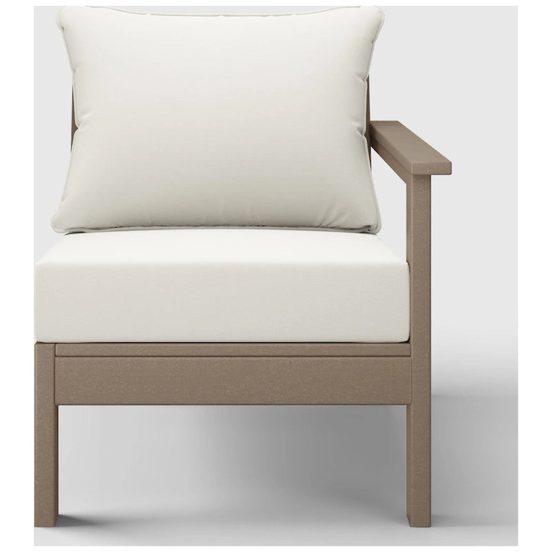 Fauteuil de jardin Polytrends Birchwood All Weather HDPE, assise profonde, aspect bois vieilli, accoudoir droit, avec coussins (1 pièce)