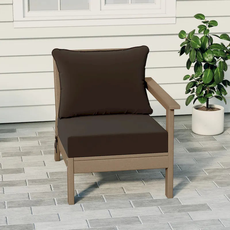 Fauteuil de jardin Polytrends Birchwood All Weather HDPE, assise profonde, aspect bois vieilli, accoudoir droit, avec coussins (1 pièce)