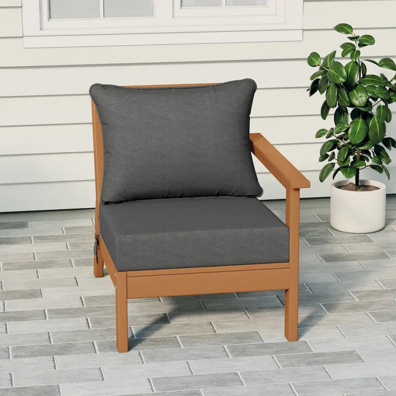 Fauteuil de jardin Polytrends Birchwood en polyéthylène haute densité (PEHD) résistant aux intempéries, assise profonde, accoudoir droit, avec coussins (1 pièce)