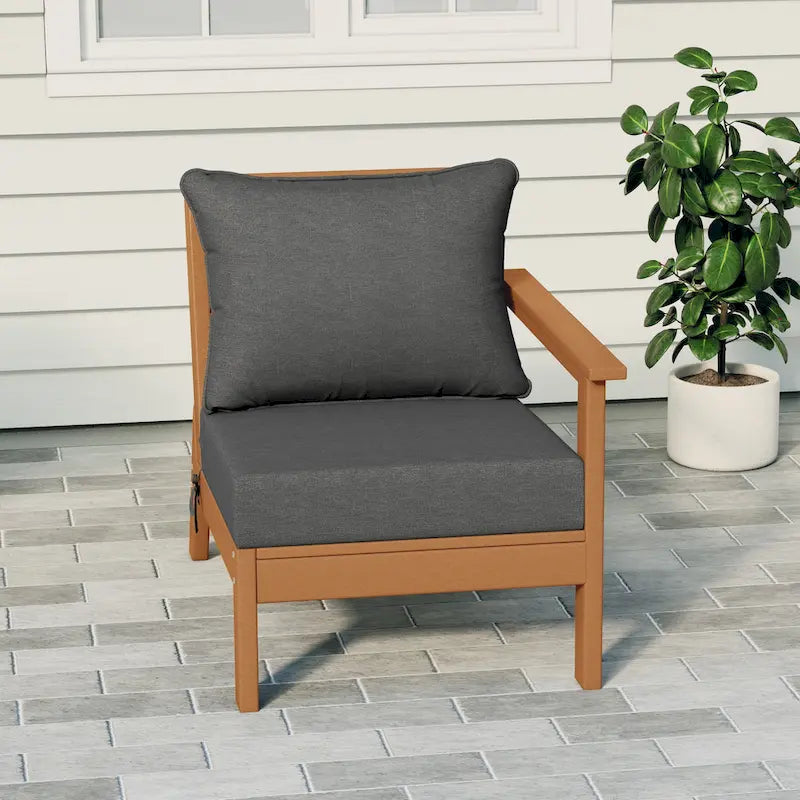 Polytrends Birchwood All Weather HDPE Outdoor Patio Deep Seating Teak Right Arm Facing Chair With Cushions (1-Piece)