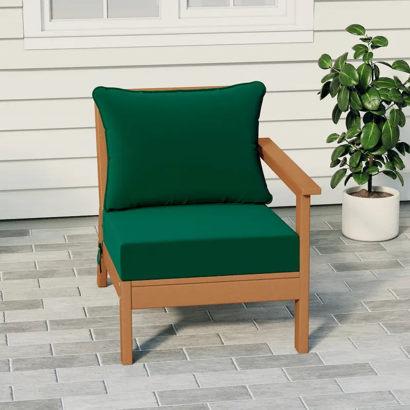 Fauteuil de jardin Polytrends Birchwood en polyéthylène haute densité (PEHD) résistant aux intempéries, assise profonde, accoudoir droit, avec coussins (1 pièce)