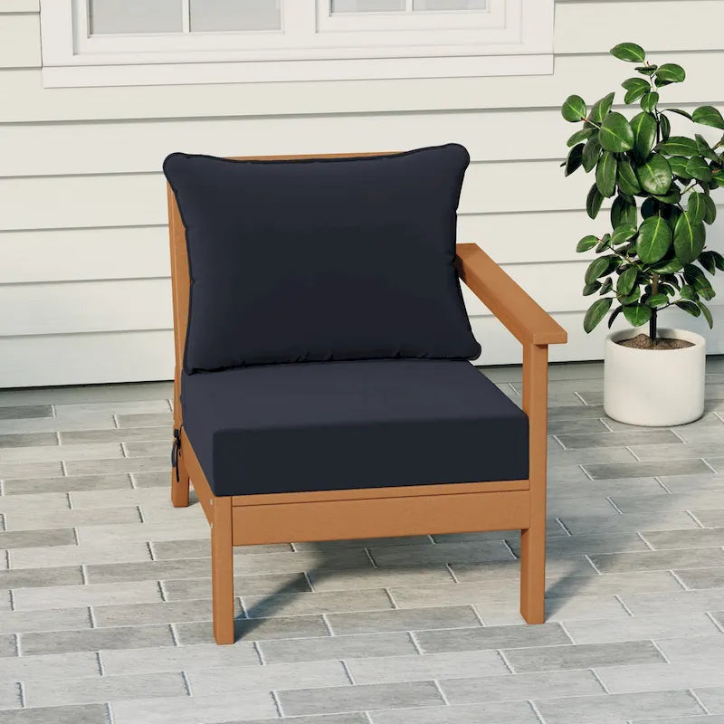 Fauteuil de jardin Polytrends Birchwood en polyéthylène haute densité (PEHD) résistant aux intempéries, assise profonde, accoudoir droit, avec coussins (1 pièce)