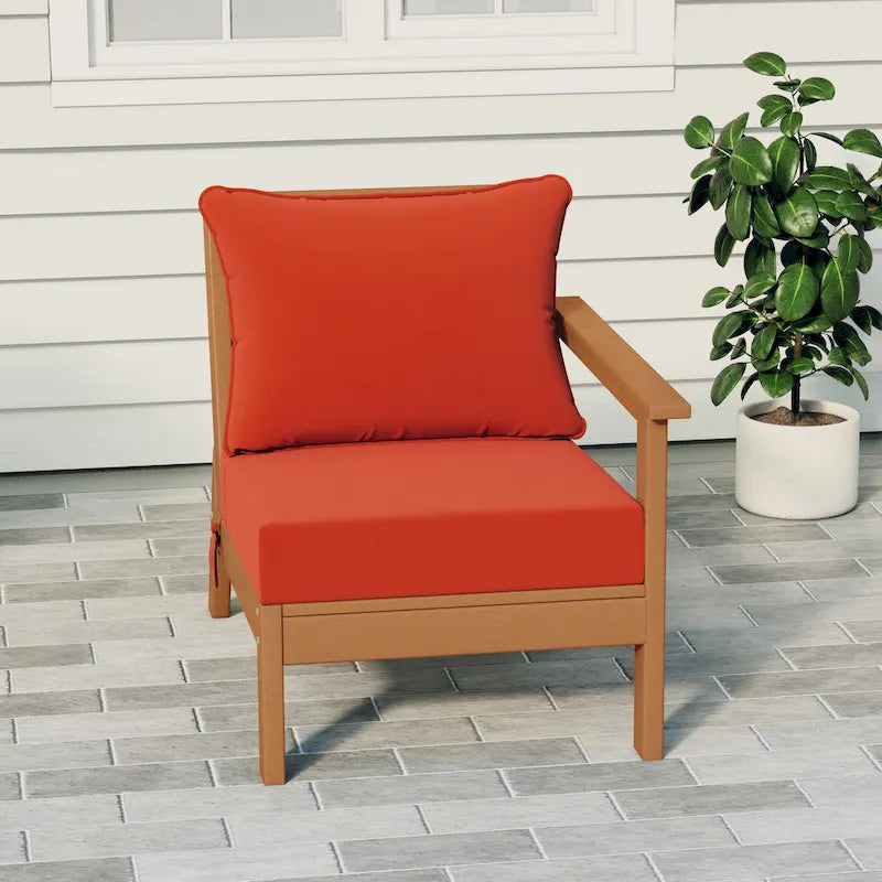 Fauteuil de jardin Polytrends Birchwood en polyéthylène haute densité (PEHD) résistant aux intempéries, assise profonde, accoudoir droit, avec coussins (1 pièce)