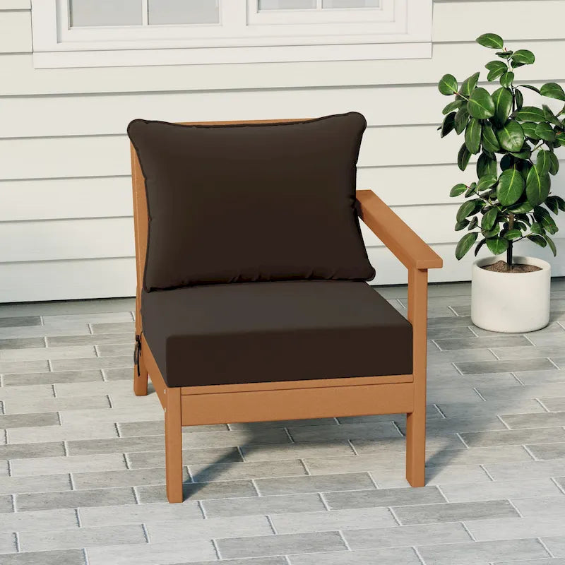 Fauteuil de jardin Polytrends Birchwood en polyéthylène haute densité (PEHD) résistant aux intempéries, assise profonde, accoudoir droit, avec coussins (1 pièce)