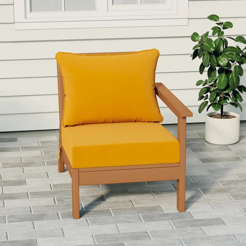 Fauteuil de jardin Polytrends Birchwood en polyéthylène haute densité (PEHD) résistant aux intempéries, assise profonde, accoudoir droit, avec coussins (1 pièce)