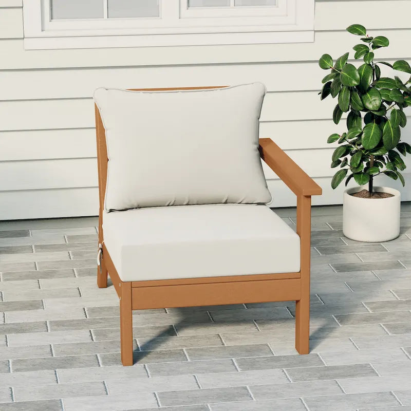 Fauteuil de jardin Polytrends Birchwood en polyéthylène haute densité (PEHD) résistant aux intempéries, assise profonde, accoudoir droit, avec coussins (1 pièce)
