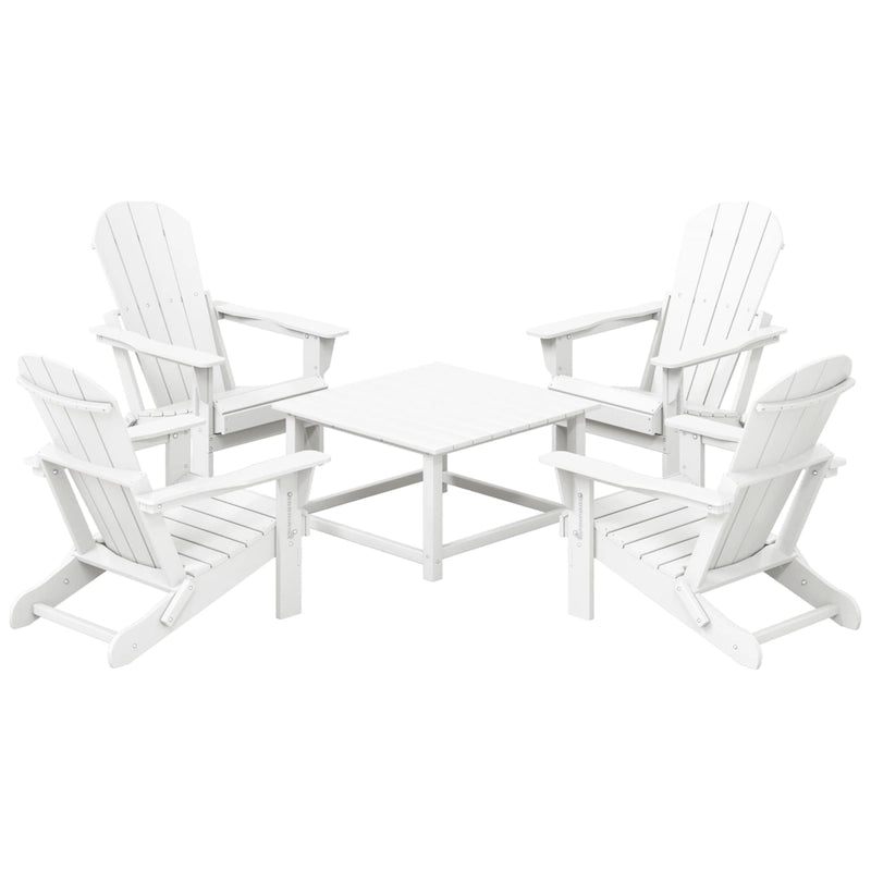 Ensemble de conversation Polytrends Laguna Outdoor 5 pièces comprenant une chaise Adirondack et une table basse carrée.