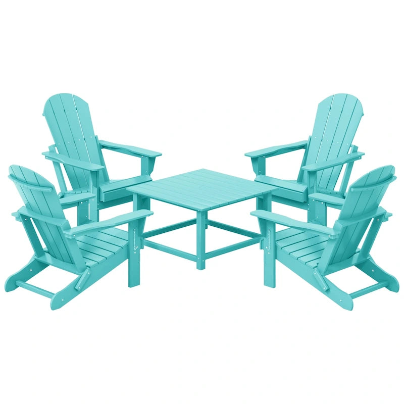 Ensemble de conversation Polytrends Laguna Outdoor 5 pièces comprenant une chaise Adirondack et une table basse carrée.