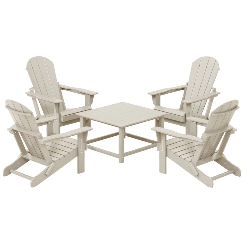 Ensemble de conversation Polytrends Laguna Outdoor 5 pièces comprenant une chaise Adirondack et une table basse carrée.