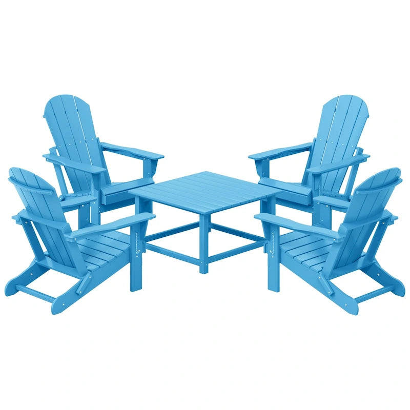 Ensemble de conversation Polytrends Laguna Outdoor 5 pièces comprenant une chaise Adirondack et une table basse carrée.