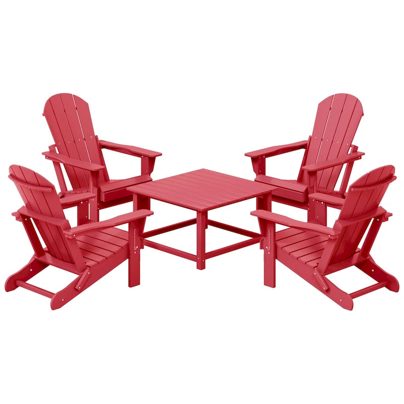 Ensemble de conversation Polytrends Laguna Outdoor 5 pièces comprenant une chaise Adirondack et une table basse carrée.