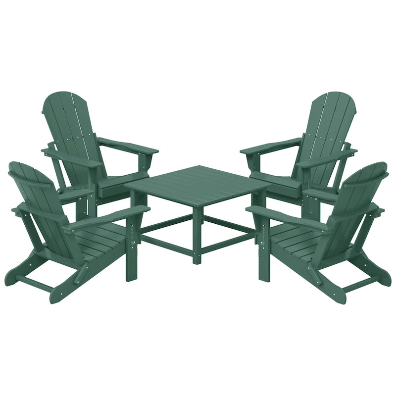 Ensemble de conversation Polytrends Laguna Outdoor 5 pièces comprenant une chaise Adirondack et une table basse carrée.