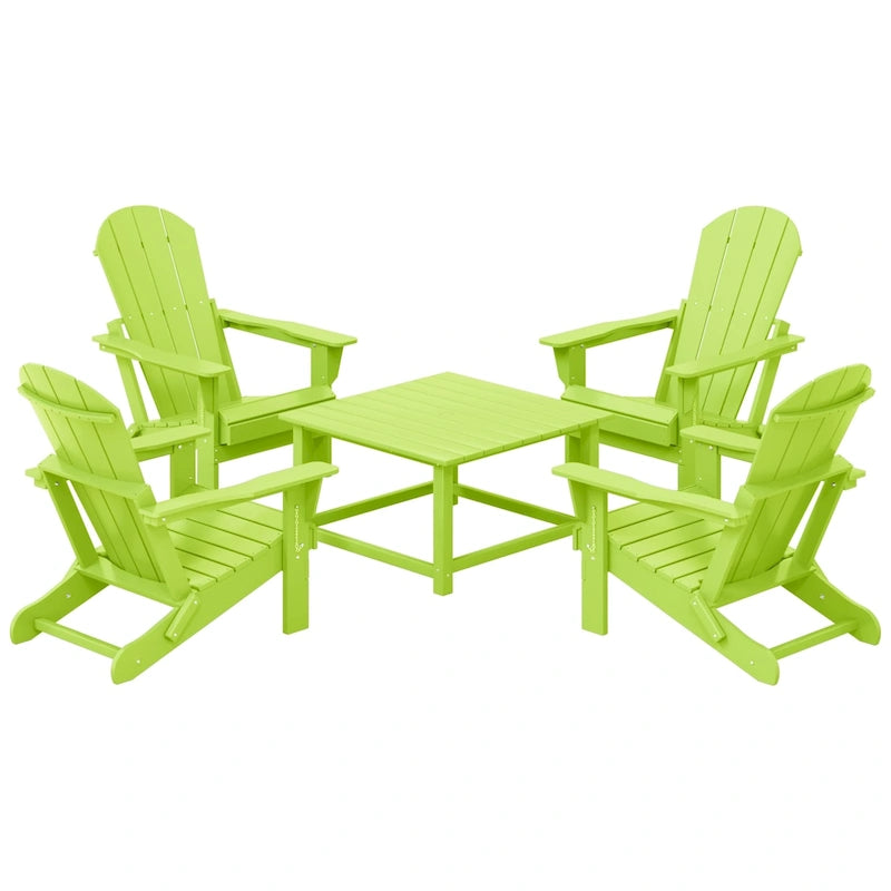 Ensemble de conversation Polytrends Laguna Outdoor 5 pièces comprenant une chaise Adirondack et une table basse carrée.