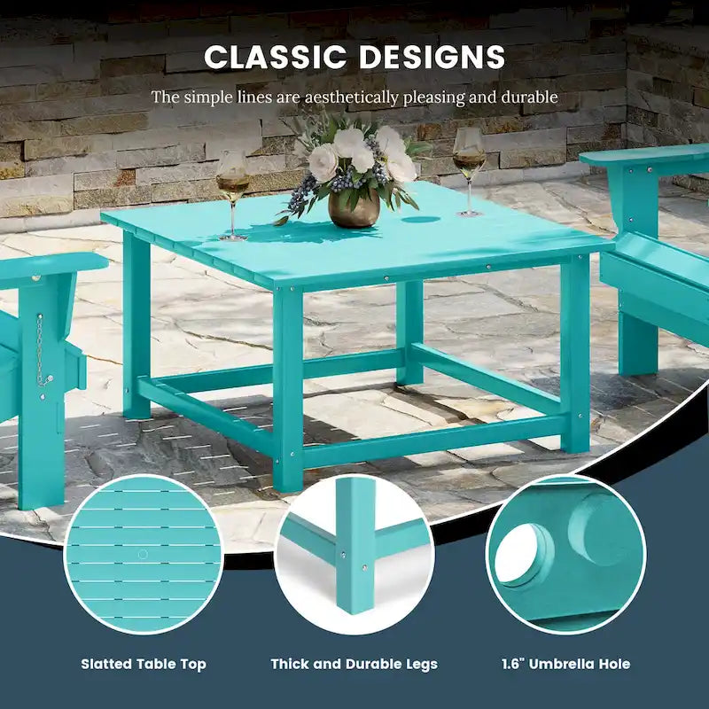 Ensemble de conversation Polytrends Laguna Outdoor 5 pièces comprenant une chaise Adirondack et une table basse carrée.