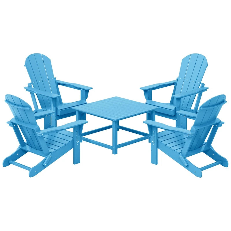 Ensemble de conversation Polytrends Laguna Outdoor 5 pièces comprenant une chaise Adirondack et une table basse carrée.