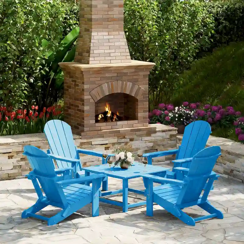 Ensemble de conversation Polytrends Laguna Outdoor 5 pièces comprenant une chaise Adirondack et une table basse carrée.