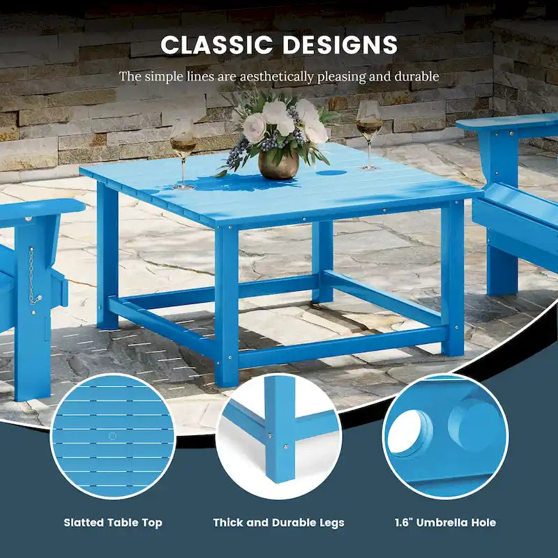 Ensemble de conversation Polytrends Laguna Outdoor 5 pièces comprenant une chaise Adirondack et une table basse carrée.