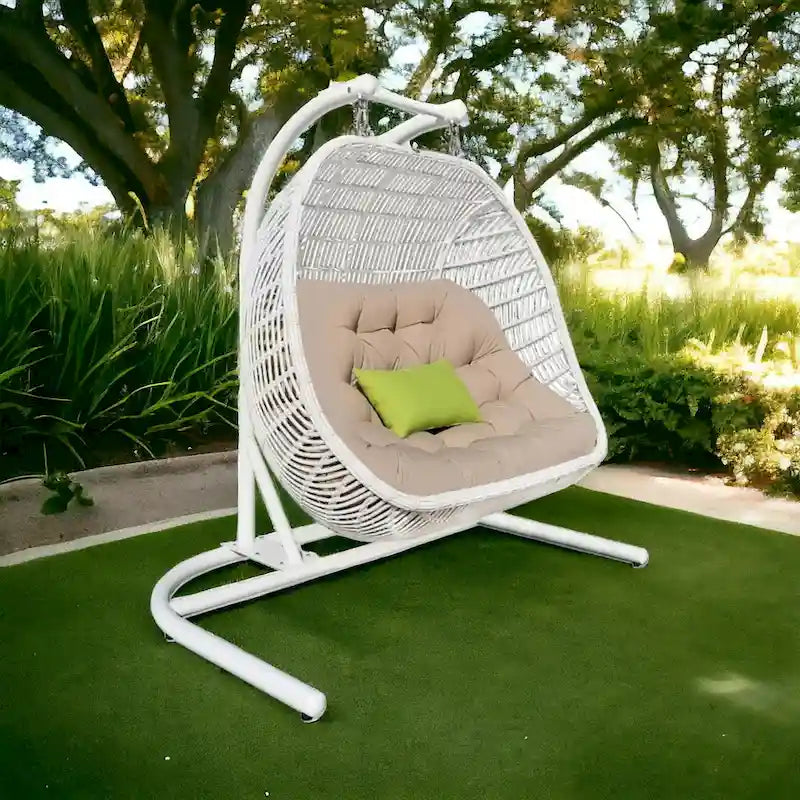 69  Beige and White Metal Indoor Outdoor Swing Chair with Beige Cushion