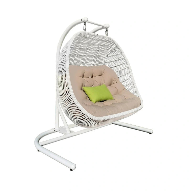 Balancelle d'intérieur/extérieur en métal beige et blanc, coussin beige (69 pouces)