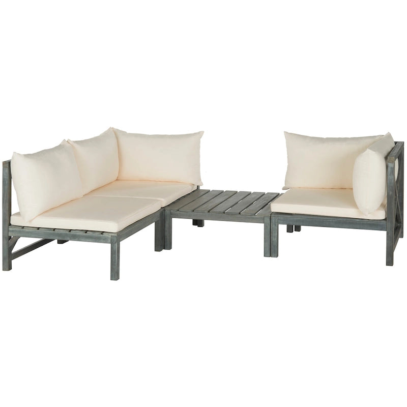 Ensemble de canapé d'angle modulaire 4 pièces Lynwood en bois d'acacia gris cendré avec coussins beiges SAFAVIEH Outdoor Living - 68,5 cm L x 68,5 cm P x 68,5 cm H