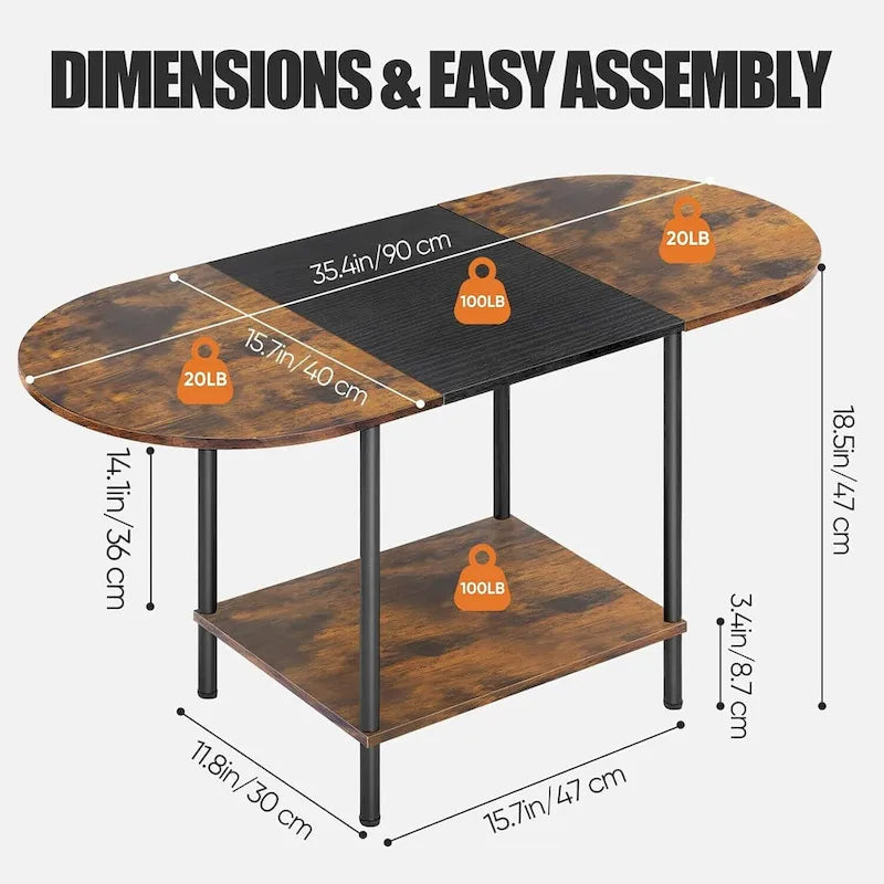 Table basse ovale de style Mid-Century avec rangement à 2 niveaux pour petits espaces