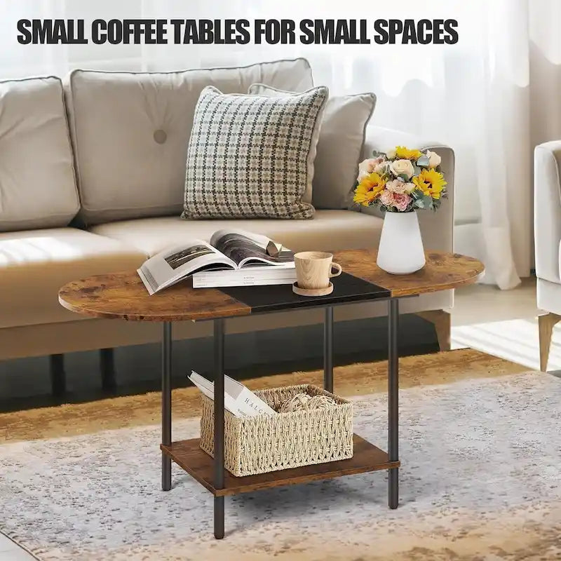 Table basse ovale de style Mid-Century avec rangement à 2 niveaux pour petits espaces