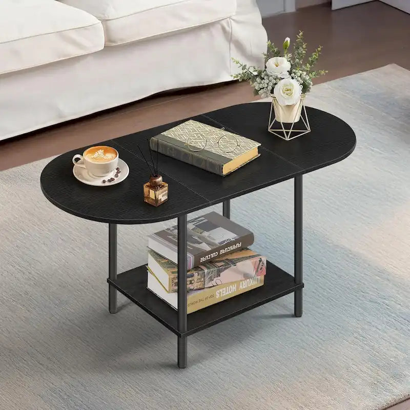 Table basse ovale de style Mid-Century avec rangement à 2 niveaux pour petits espaces
