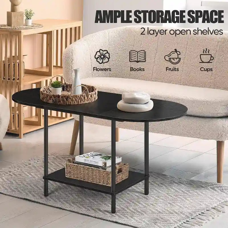 Table basse ovale de style Mid-Century avec rangement à 2 niveaux pour petits espaces