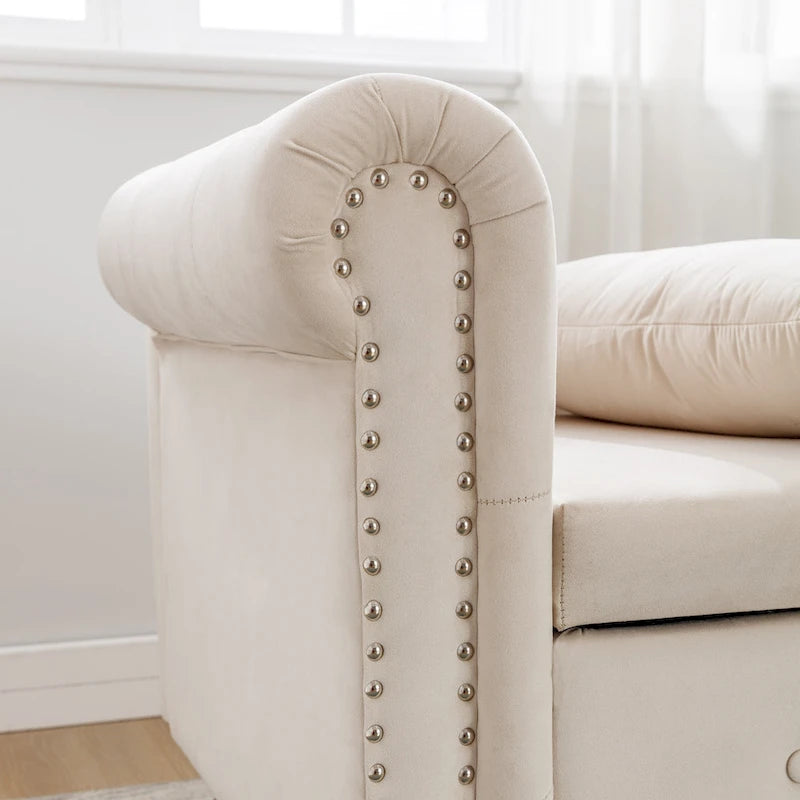 Coussin de rangement, méridienne en velours, méridienne moderne à accoudoirs arrondis