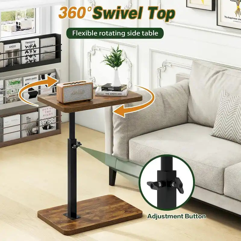 Table d'appoint réglable en forme de C avec rotation à 360° et fente pour téléphone pour canapé/lit