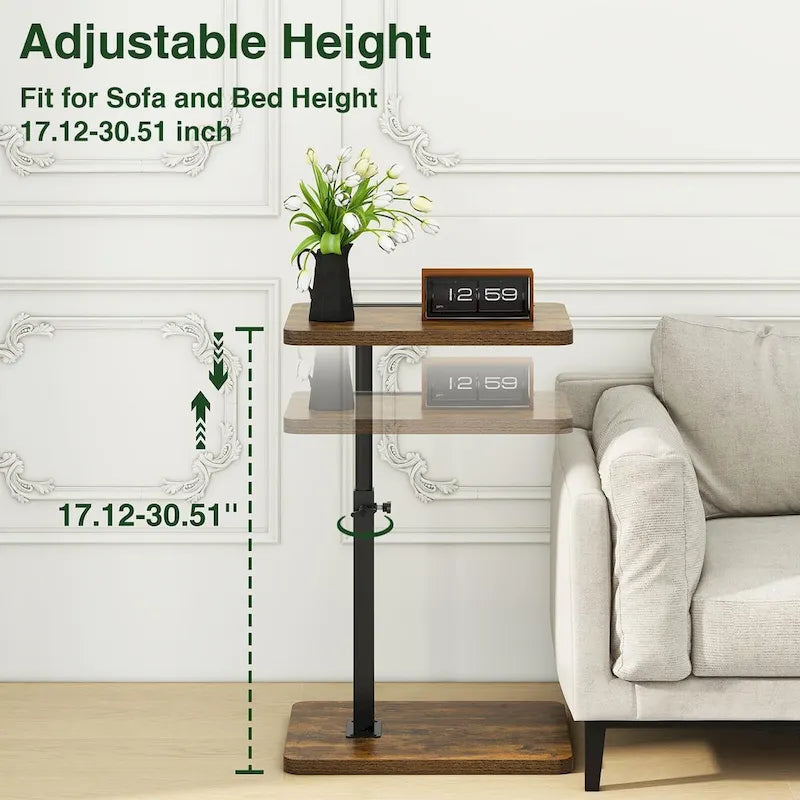 Table d'appoint réglable en forme de C avec rotation à 360° et fente pour téléphone pour canapé/lit