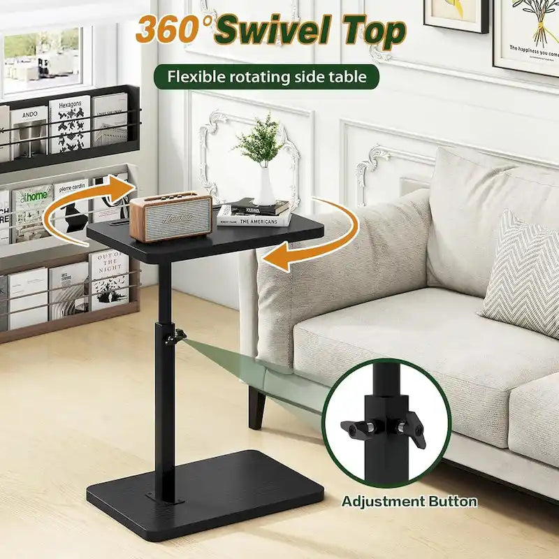 Table d'appoint réglable en forme de C avec rotation à 360° et fente pour téléphone pour canapé/lit