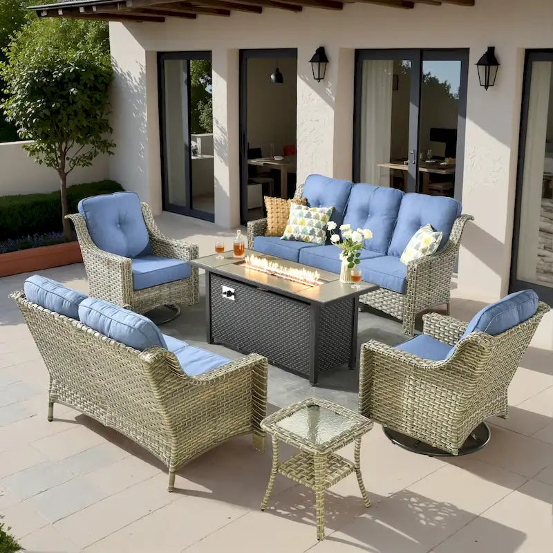 Ensemble de mobilier de jardin en résine tressée XIZZI 6 pièces avec table foyer