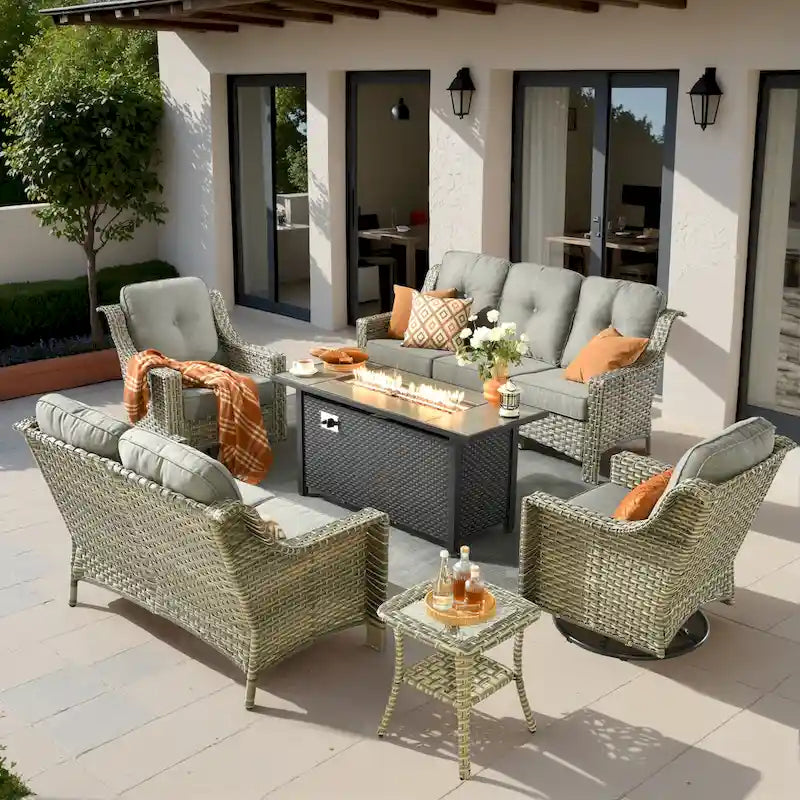 Ensemble de mobilier de jardin en résine tressée XIZZI 6 pièces avec table foyer