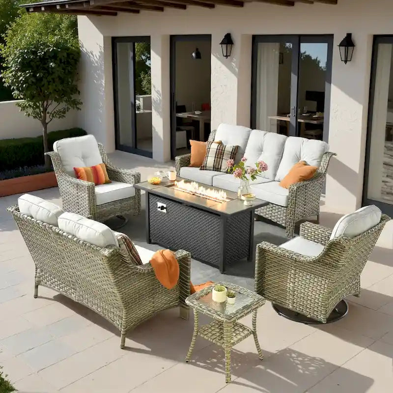 Ensemble de mobilier de jardin en résine tressée XIZZI 6 pièces avec table foyer