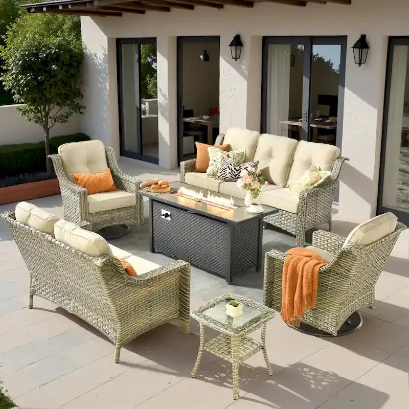 Ensemble de mobilier de jardin en résine tressée XIZZI 6 pièces avec table foyer